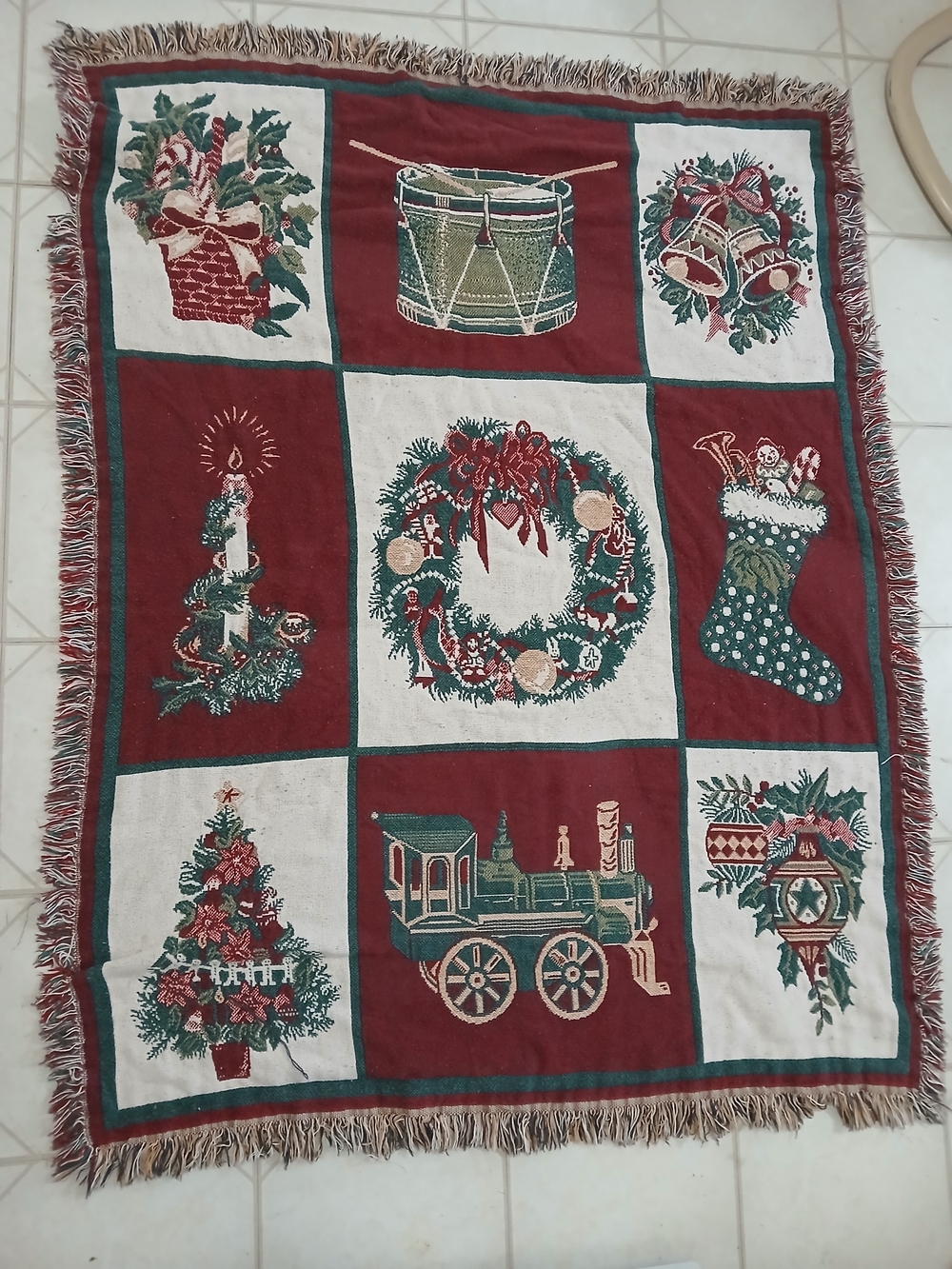 Vtg Crown Crafts Vintage Blanket Woven Cotton Fringe Train 55x42 Grandmacore